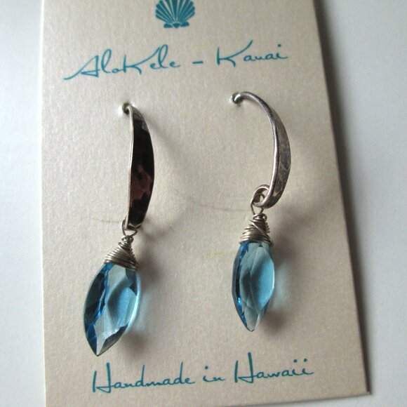 AloKele Kauai Marquis Cut London Blue Quartz Hammered Sterling Silver Earrings - Picture 8 of 14